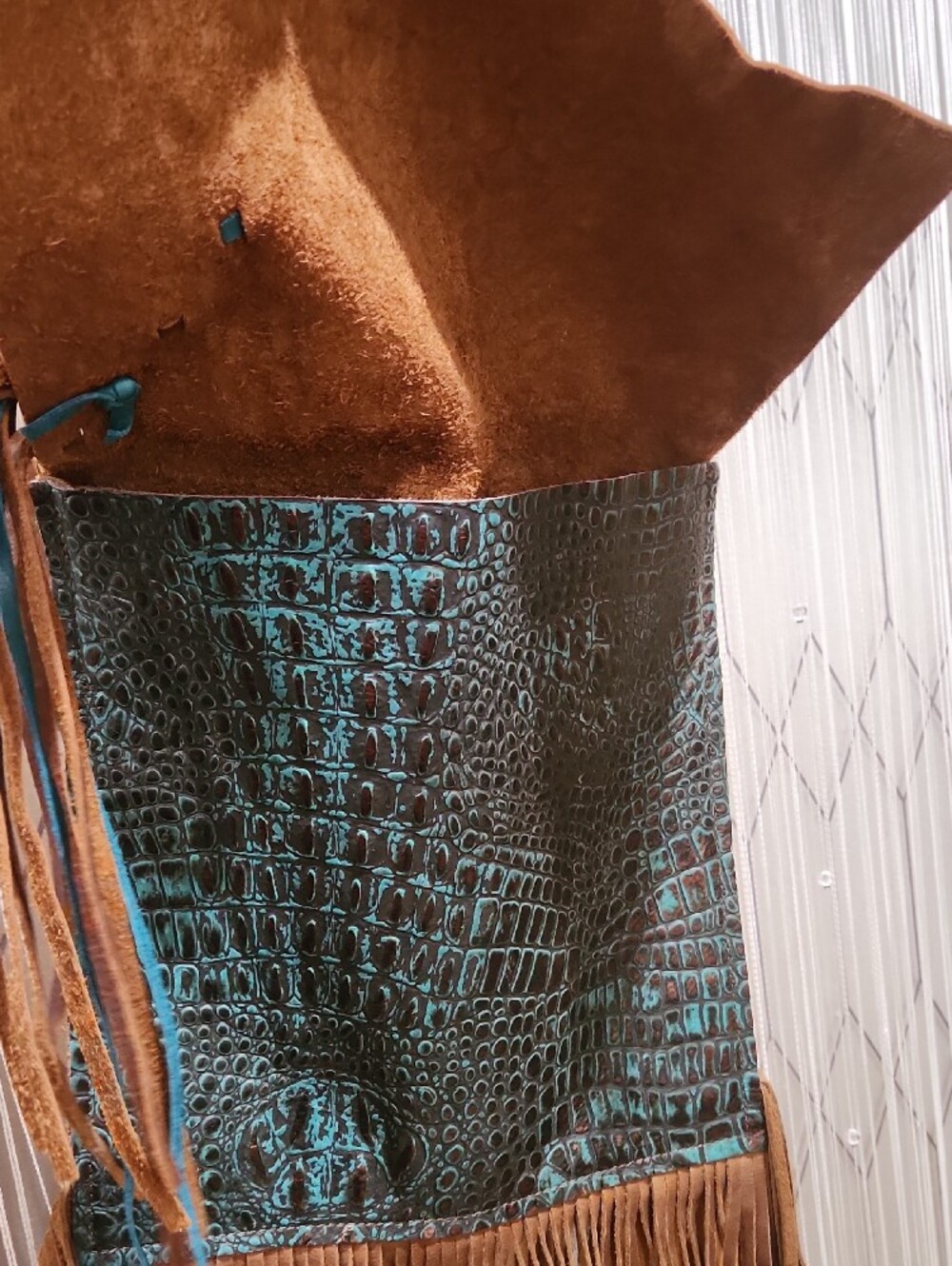 Brown Leather Fringe Crossbody Bag with Teal Croc Accent - Picture 3 of 11